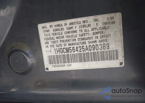 2005 Honda Accord 2.4 Lx z USA, uszkodzony, nr VIN 1HGCM56425A090389